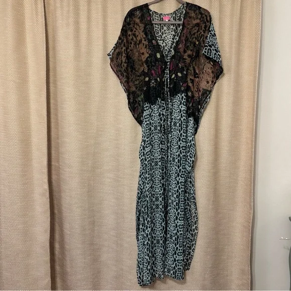 River Island Sheer Beach Coverup Robe, Kaftan, Size Med, Blue Leopard Print - Picture 1 of 7